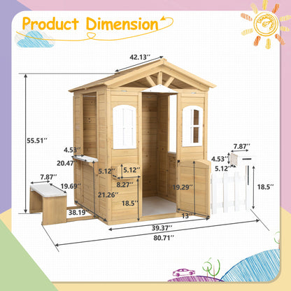 Wooden Playhouse For Kids Outdoor With Working Door, Windows, Mailbox, Bench, Flowers Pot Holder - Natural