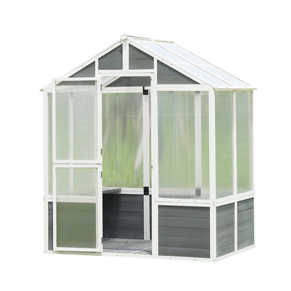 Greenhouse, Wooden Greenhouse Polycarbonate Garden Shed For Plants, Walk-In Outdoor Plant Gardening Greenhouse For Patio Backyard Lawn, Grow House With Front Entry Door - White / Gray