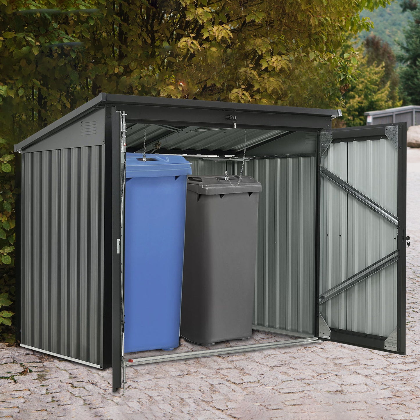 Garbage Bin Shed Stores 2 Trash Cans Metal Outdoor Bin Shed For Garbage Storage