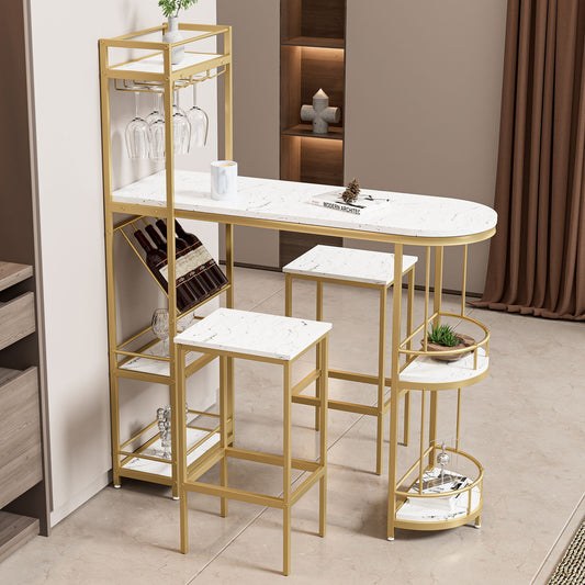 3 Piece Bar Table And Chairs Set, Modern Kitchen Bar Height Dining Table Wood Breakfast Pub Table With Base With Shelves, Glass Rack, Wine Bottle Rack, With 2 Bar Stools - White / Gold