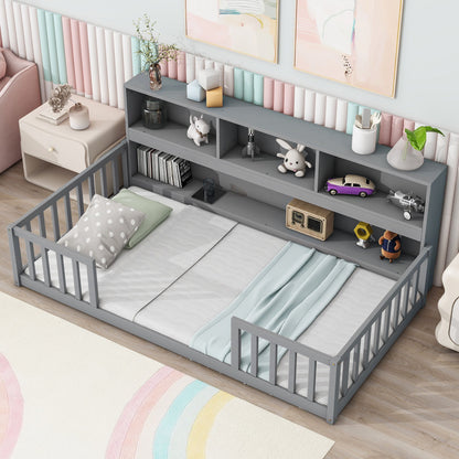 Floor Bed With Bedside Bookcase, Shelves, Guardrails