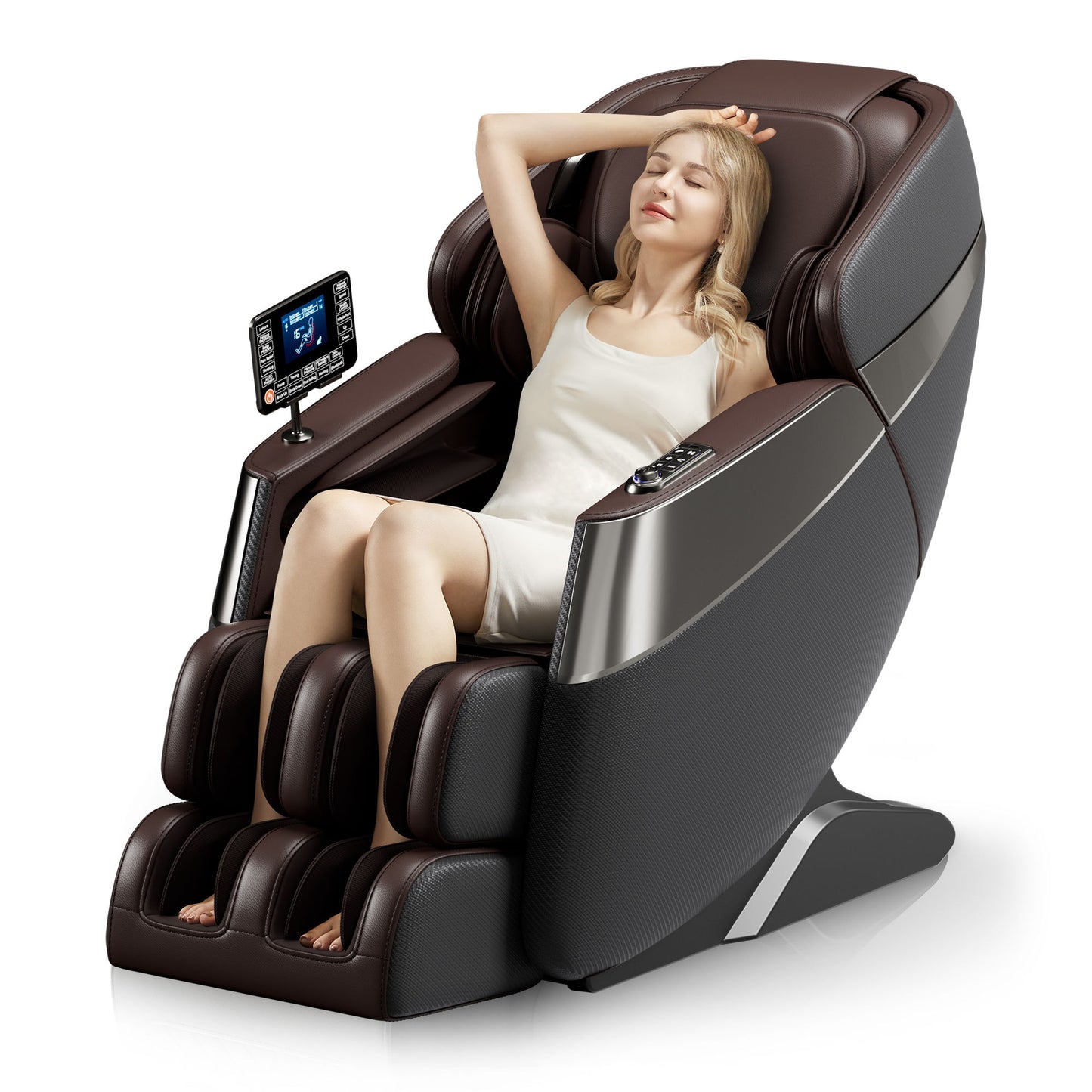 Deluxe - Massage Chair Full Body, 3D Sl Track Zero Gravity Massage Chair Recliner With Calf And Foot Rollers, Ai Voice Control, LCD Screen, Quick Access Buttons - Gray / Brown