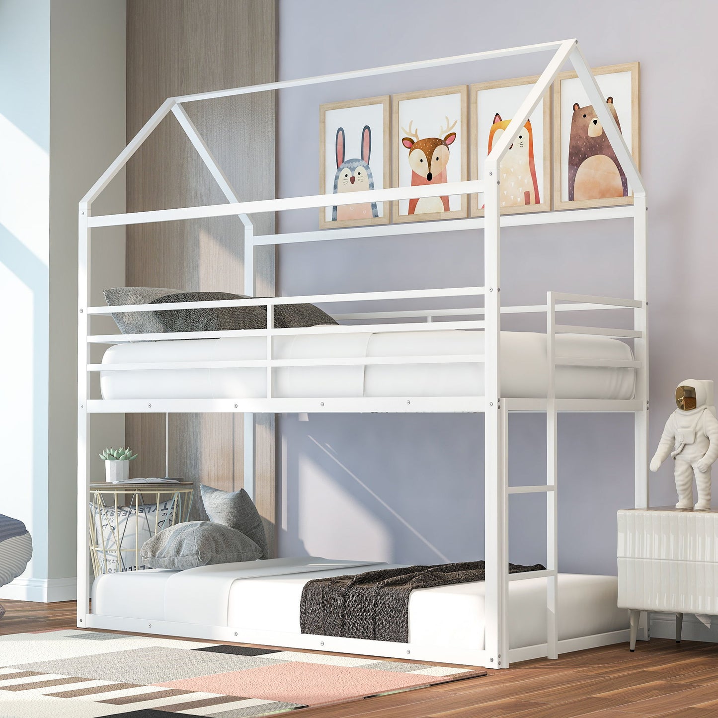 Bunk Beds For Kids Twin Over Twin, House Bunk Bed Metal Bed Frame Built-In Ladder, No Box Spring Needed