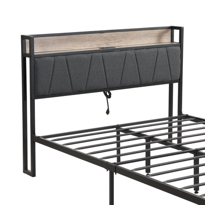 Metal Platform Bed Frame With Upholsteryolstery Storage Function Headboard And USB Liner And Footboard With Drawers, No Box Spring Needed, Large Under Bed Storage