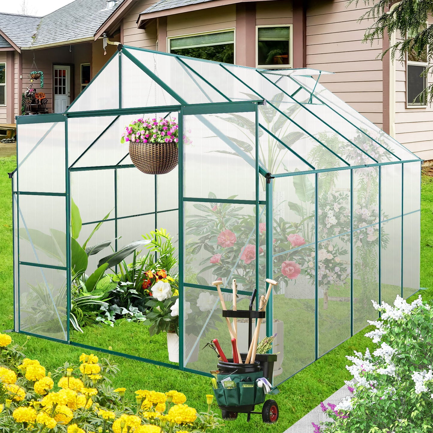 Double Door Polycarbonate Greenhouse Raised Base And Anchor Aluminum Heavy Duty Walk In Greenhouses For Outdoor Backyard In All Season