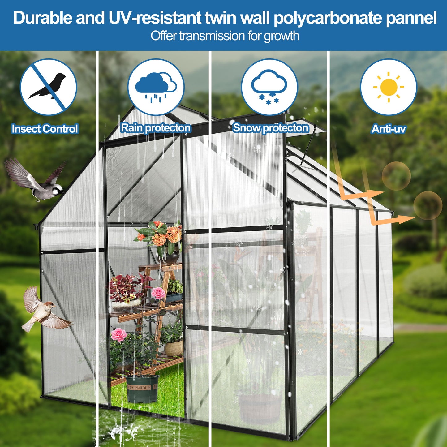 Polycarbonate Greenhouse Raised Base And Anchor Aluminum Heavy Duty Walk-In Greenhouses For Outdoor Backyard In All Season