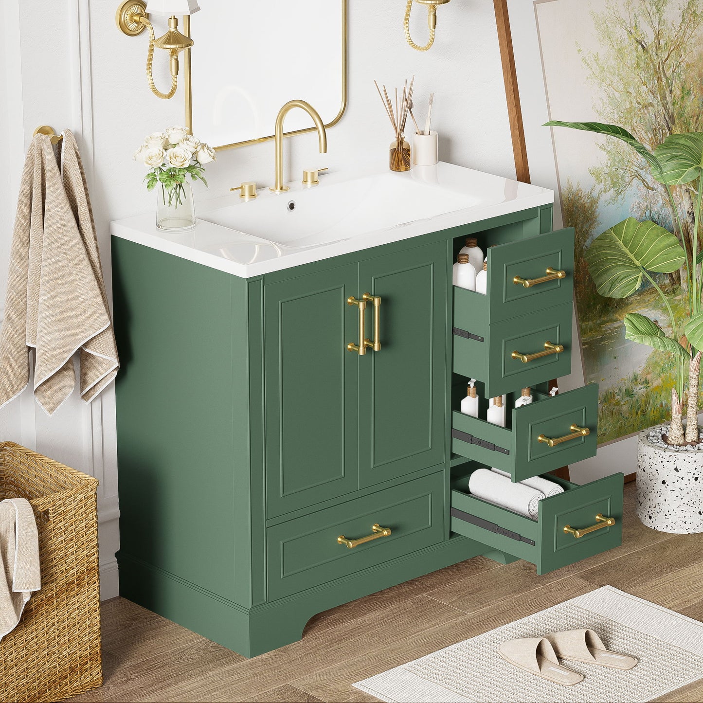 Traditional Bathroom Vanity With Resin Sink Combo Set, Bathroom Cabinet With Two Doors And Four Drawers