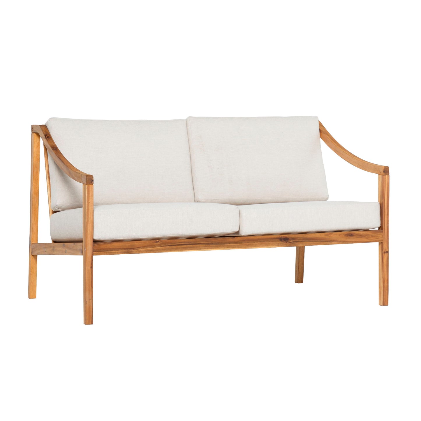 Modern Curved Arm Solid Wood Upholstered Outdoor Loveseat - Natural