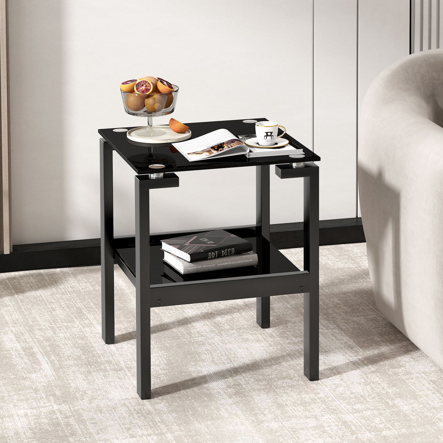 Tempered Glass End Table With 2 Layer, Small Side Table For Living Room