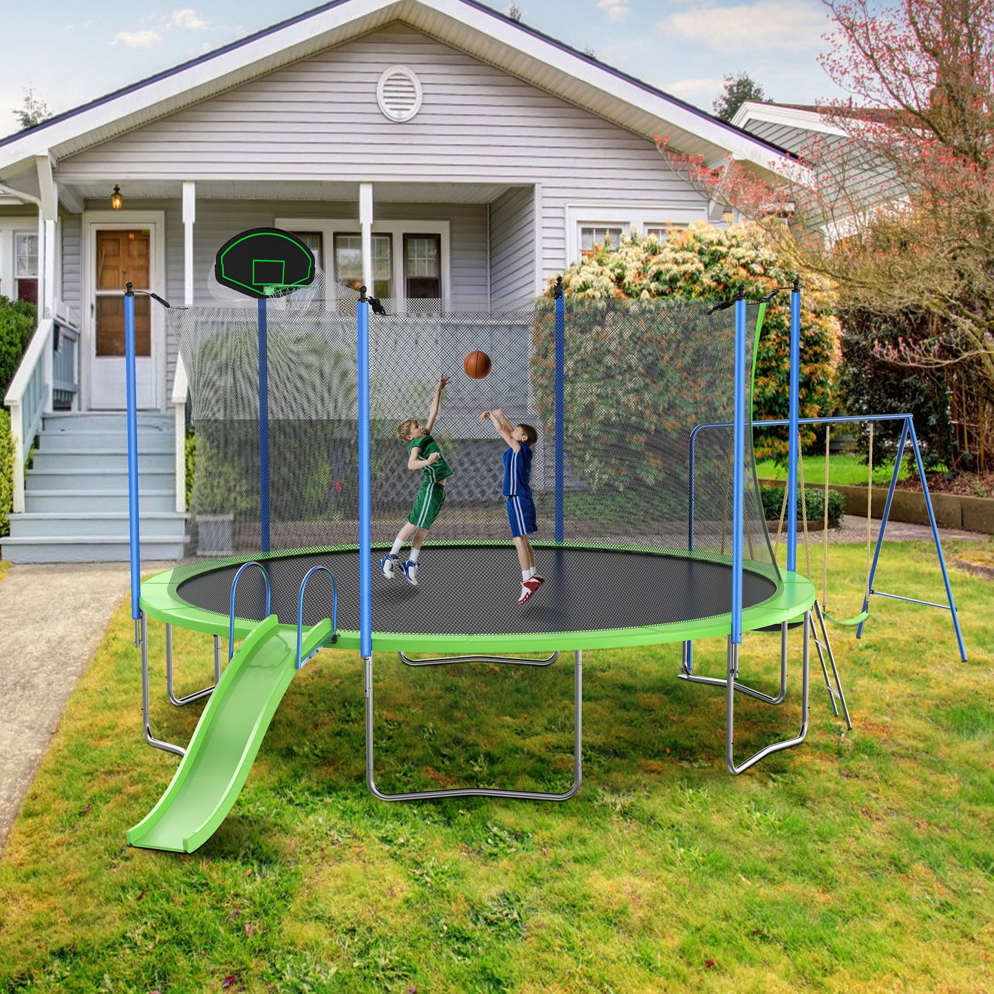 14Ft Trampoline With Slide And Swings, Astm Approved Large Recreational Trampoline With Basketball Hoop And Ladder, Outdoor Backyard Trampoline With Net, Capacity For Kids And Adults - Green / Blue