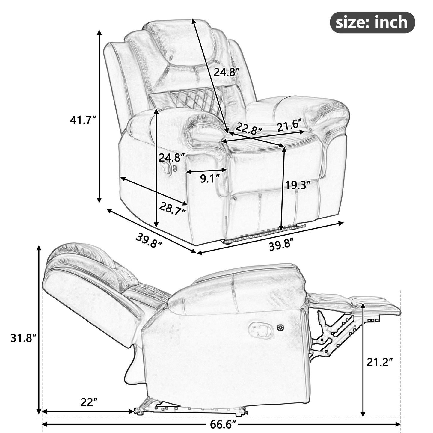 Home Theater Seating Manual Recliner Chair, Led Light Strip For Living Room - Black