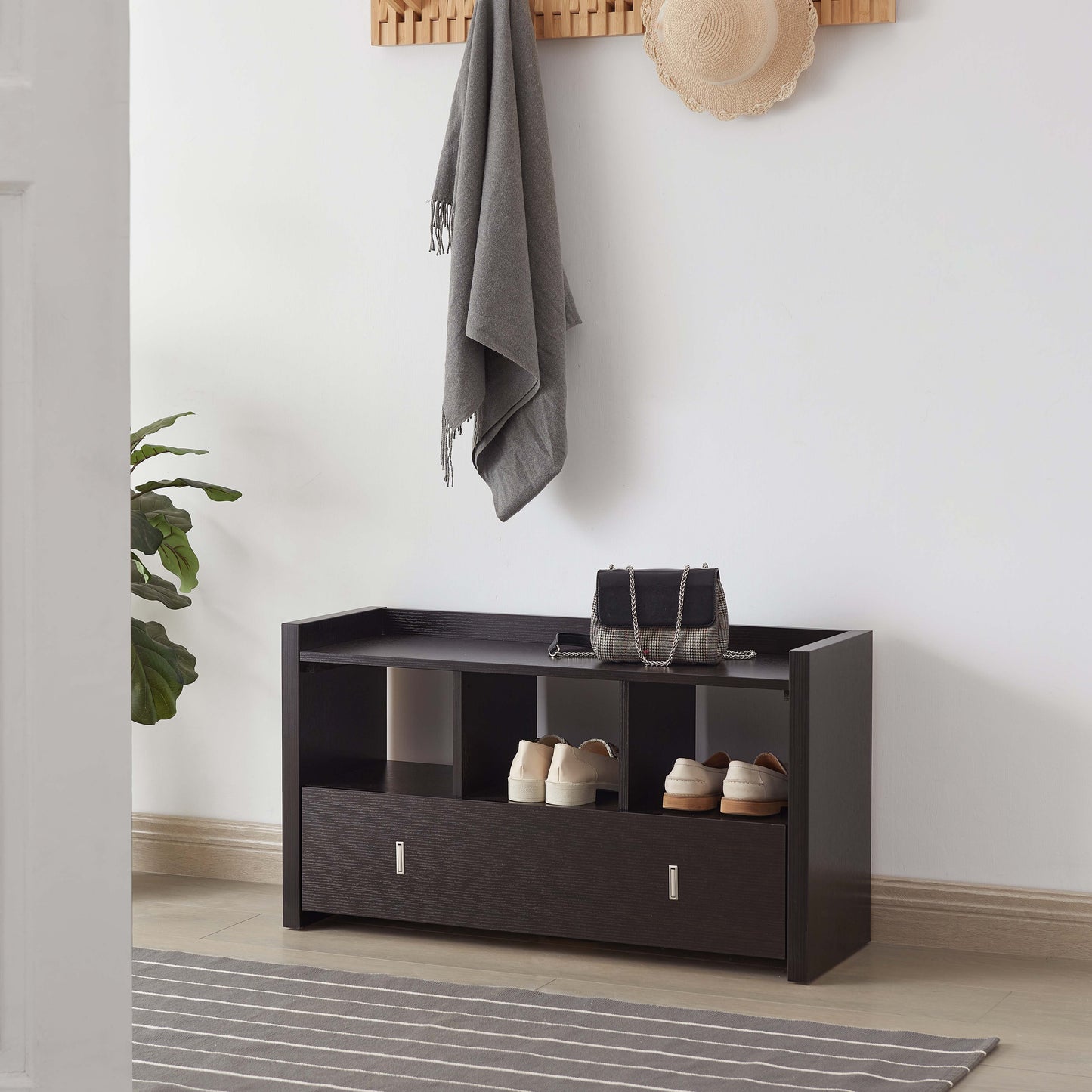 Shoe Entry Bench With Three Shelves, One Drawer With Divided Compartment