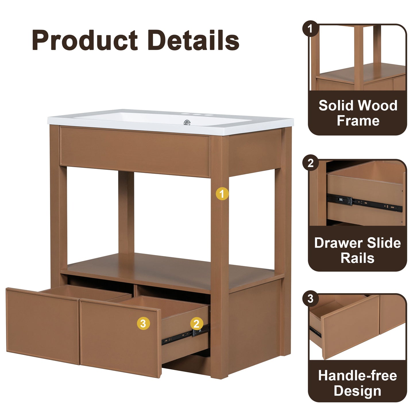 Bathroom Vanity With Sink Top, Bathroom Cabinet With Open Storage Shelf And Two Drawers - Brown