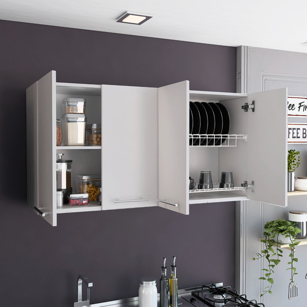 Wall Cabinet Four Doors, With Two Internal Shelves And Internal Plate And Glass Organizer - White