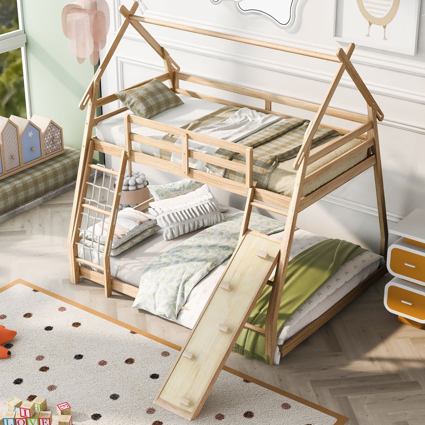 Twin Over Queen House Bunk Bed With Climbing Nets And Climbing Ramp