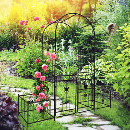 Metal Garden Arch With Gate High Climbing Plants Support Rose Arch Outdoor - Black