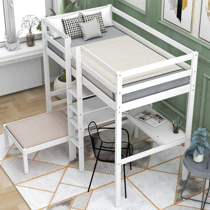 Convertible Loft Bed With L-Shape Desk, Twin Bunk Bed With Shelves And Ladder - White