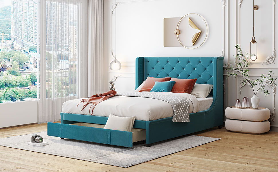 Queen Size Storage Bed Velvet Upholstered Platform Bed With Wingback Headboard And A Big Drawer