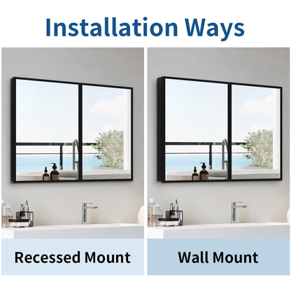 26X30" Black Metal Framed Wall Mount Or Recessed Bathroom Medicine Cabinet With Mirror - Black