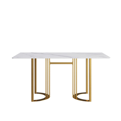 63" Modern Artificial Stone Straight Edge Metal Leg Dining Table, 6 People - White / Gold