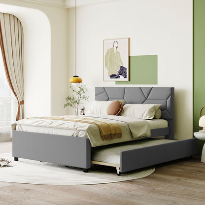 Upholstered Platform Bed With Brick Pattern Headboard And Twin Size Trundle, Linen