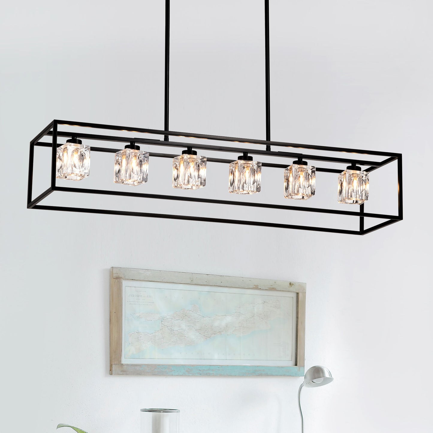 6 Light Farmhouse Chandelier, Modern Industrial Linear Rectangular Crystal Pendant Light Cage Chandelier For Dining Room, Kitchen Island, Bar, Long Table, G9*6 Bulbs Included - Matte Black