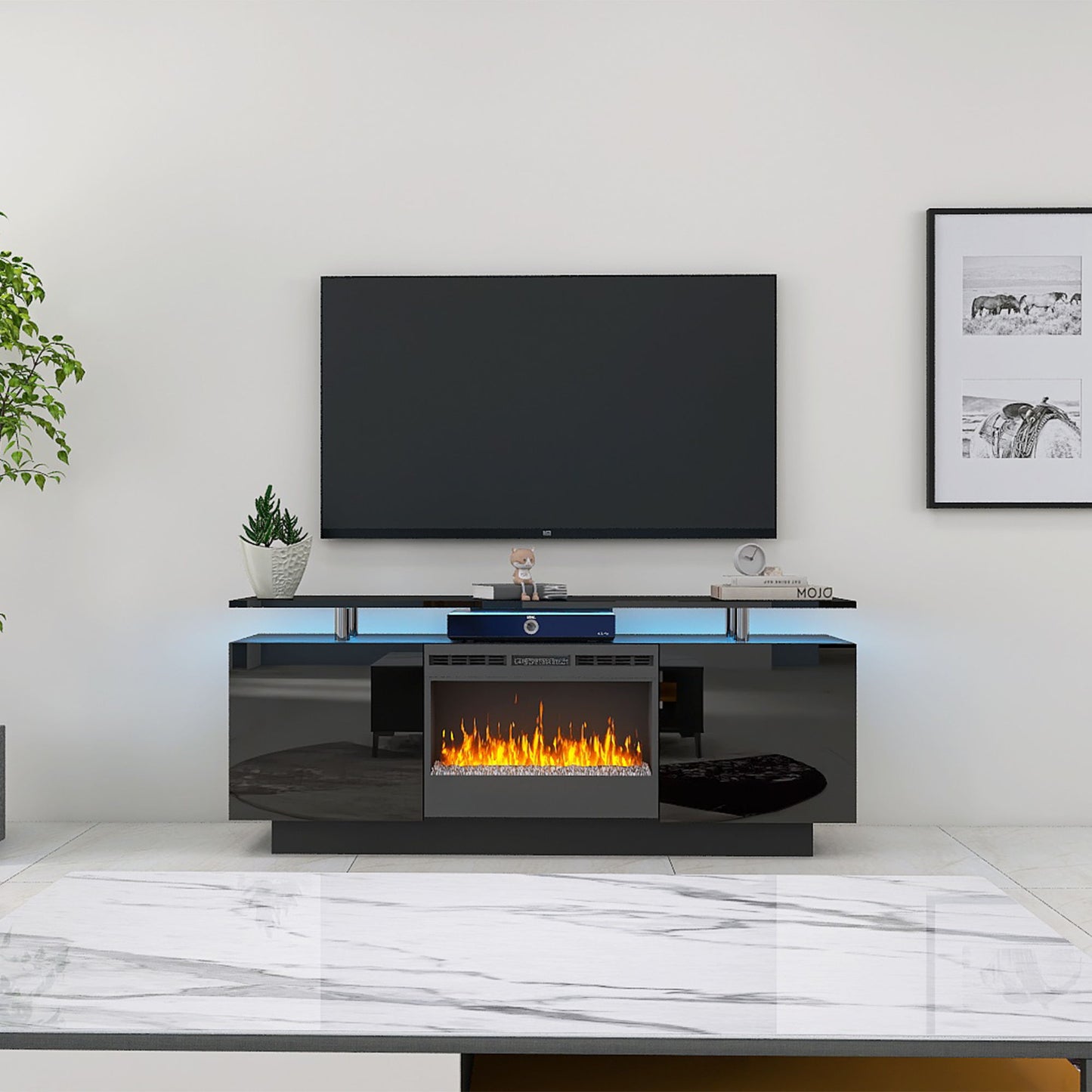 Large TV Cabinet With Fireplace Can Heating Change Color 9 Models 8 Levels Have LED Light - Black