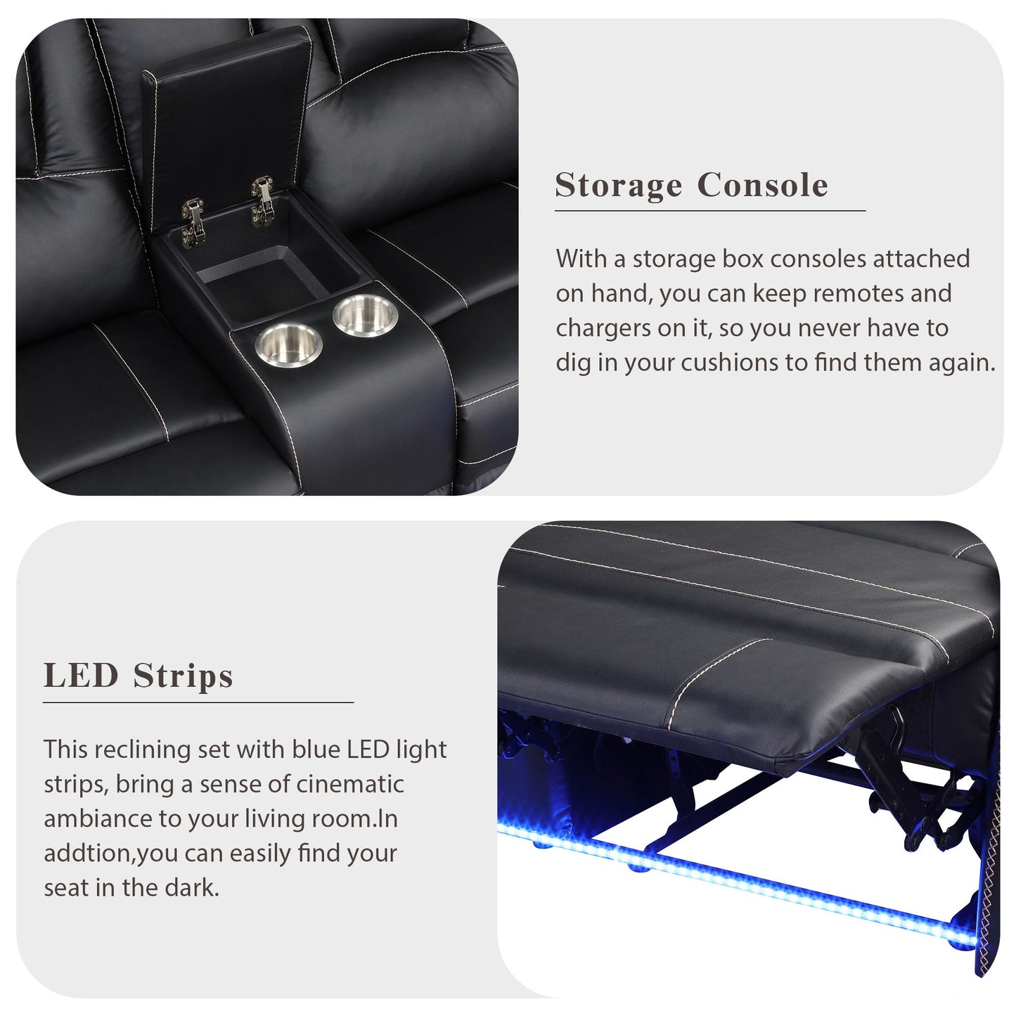 Modern Faux Leather Manual Reclining With Center Console With LED Light Strip, Living Room Furniture Set, PU Symmetrical Couch With 2 Cup Holders And Storage For Living Room - Black