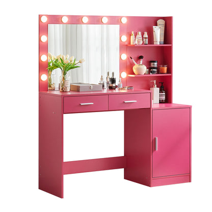 Vanity Desk With Mirror And Lights, 46.4In Dressing Table With 2 Large Drawer & Large Vertical Organizer, 3 Level Dresser & 3 Lighting Modes Adjustable Brightness, Suitable For Bedroom