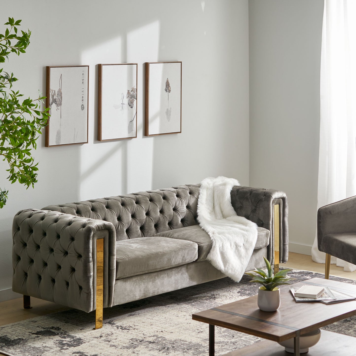 Comfy 3 Sofa With Tufted Back And Arm, Modern For Living Room - Gray