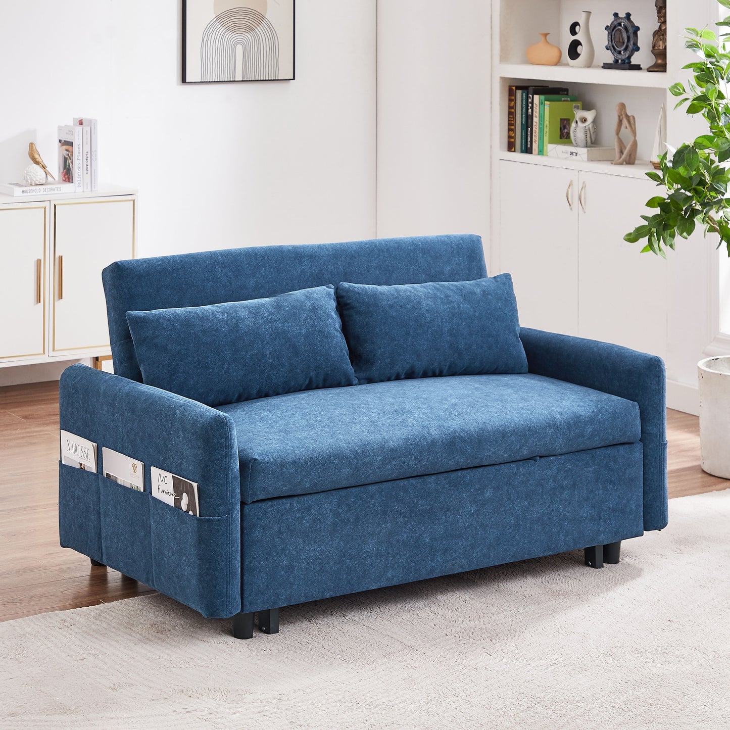 Pull Out Sleep Sofa Bed Loveseats Sofa Couch With Adjsutable Backrest, Storage Pockets, 2 Soft Pillows, USB Ports For Living Room, Bedroom, Apartment, Office