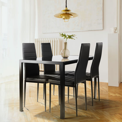 5 Pieces Dining Table Set For 4, Kitchen Room Tempered Glass Dining Table, 4 Faux Leather Chairs - Black