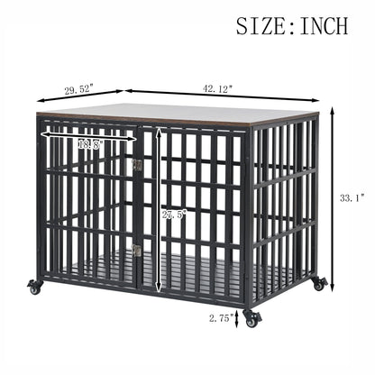 Heavy Duty Dog Crate For Large Medium Dogs, Furniture Style Cage With 4 Lockable Wheels And 2 Locks, Decorative Pet House Wooden Cage Kennel Furniture Indoor - Black