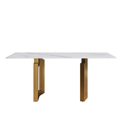 70.87" Modern Artificial Stone Straight Edge Golden Metal Leg Dining Table, Can Accommodate 6-8 People - White / Gold