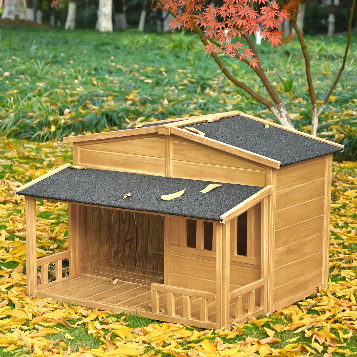 Wooden Dog House, Outdoor & Indoor Dog Crate, Pet Kennel With Porch, Weatherproof, Medium - Nature