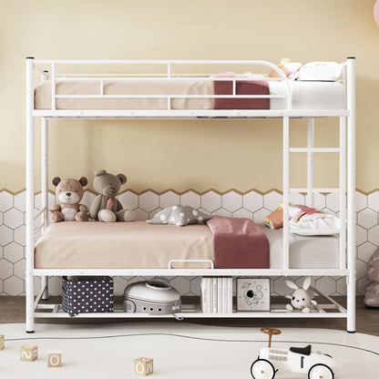 Twin Over Twin Metal Bunk Bed With Shelf And Guardrails