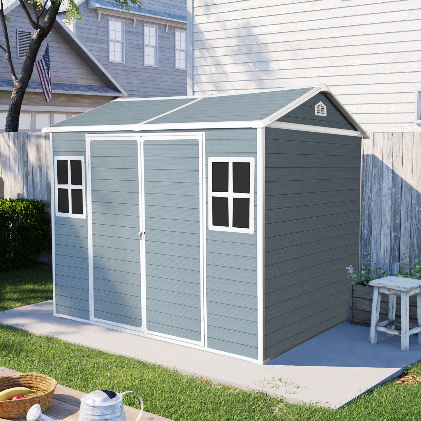 Resin Outdoor Storage Shed Waterproof Shed With Floor & Two Windows & Lockable Door, Tool Shed For Garden, Patio, Backyard