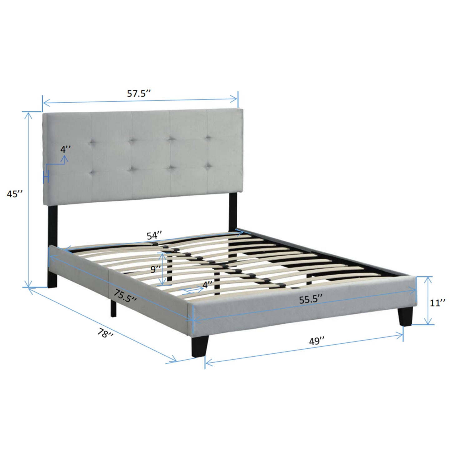 Full Size Upholstered Platform Bed Frame With Pull Point Tufted Headboard, Strong Wood Slat Support, Mattress Foundation, No Box Spring Needed - Gray