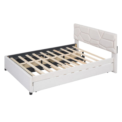 Upholstered Platform Bed With Brick Pattern Headboard And Twin Long Size Trundle