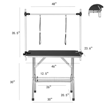 Professional Dog Pet Grooming Table Large Adjustable Heavy Duty Portable With Arm & Noose & Mesh Tray - Black