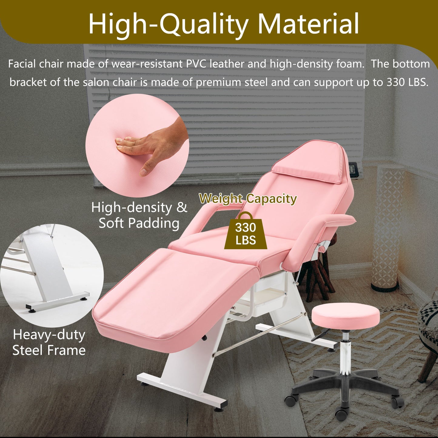 Massage Salon Tattoo Chair With Two Trays Esthetician Bed With Hydraulic Stool, Multi-Purpose 3-Section Facial Bed Table, Adjustable Beauty Barber Spa Beauty Equipment