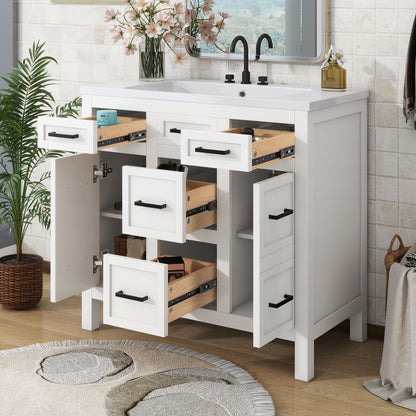 Bathroom Vanity Cabinet With Resin Integrated Sink 4 Drawers, 2 Doors - White