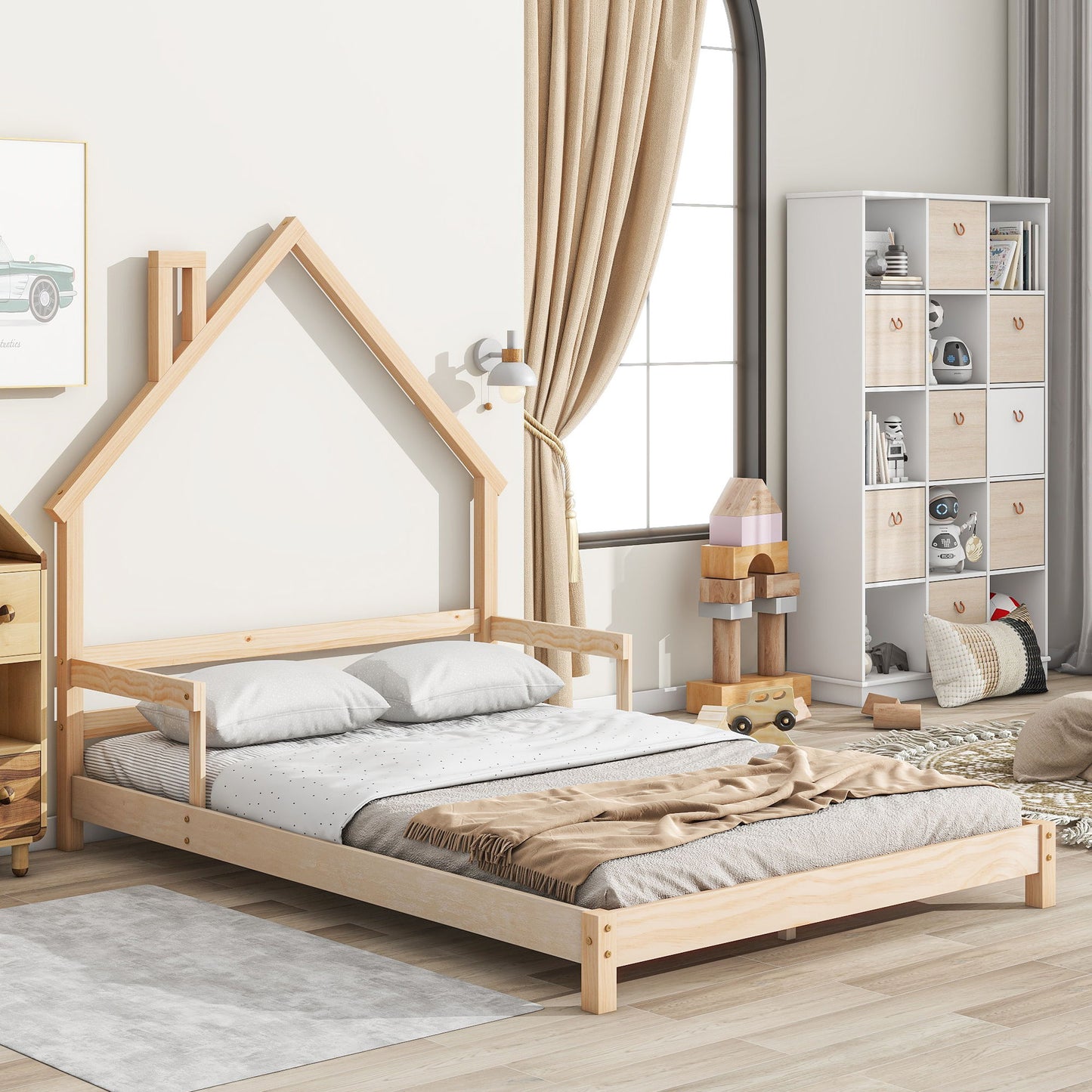 House-Shaped Headboard Bed With Handrails, Slats