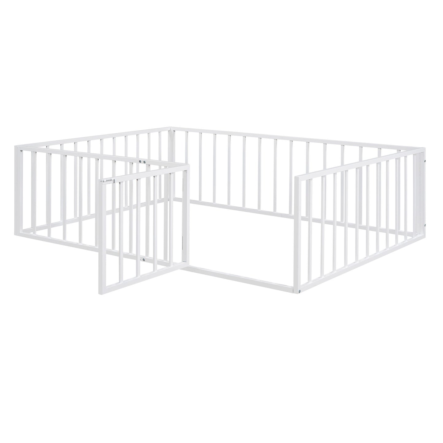 Metal Floor Bed Frame With Fence And Door - Black