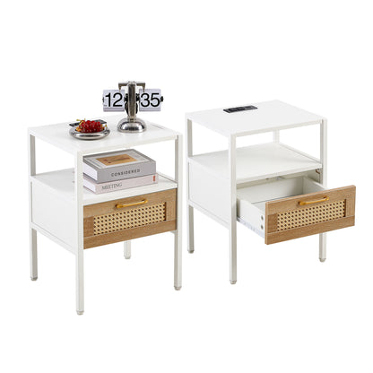 Rattan End Table With Power Outlet & USB Ports, Modern Nightstand With Drawer And Metal Legs, Side Table For Living Room, Bedroom