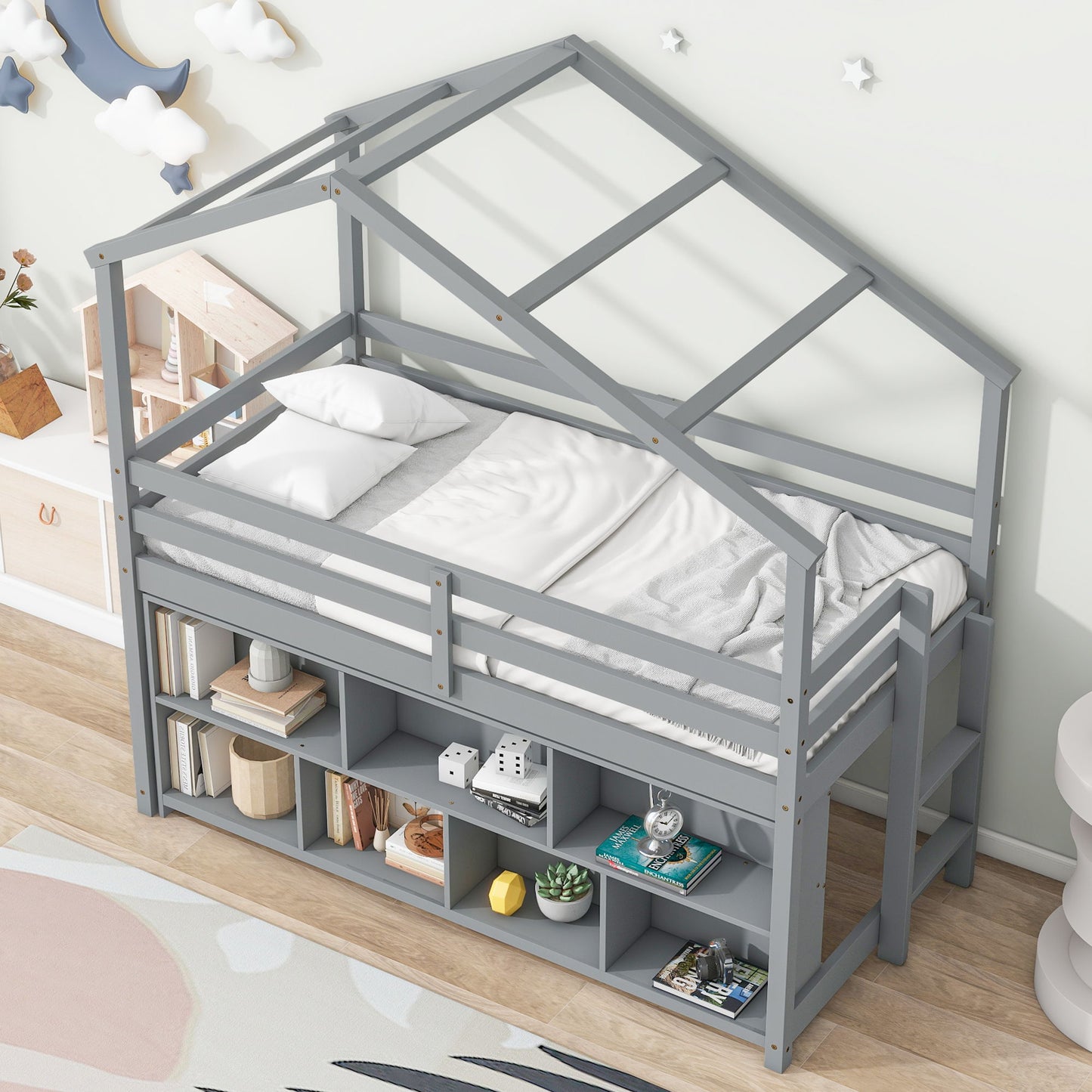 House Loft Bed With Roof Frame, Under Bed Shelving Storage Unit, Guardrails, Ladder