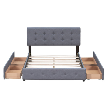 Upholstered Platform Bed With Classic Headboard And 4 Drawers, No Box Spring Needed