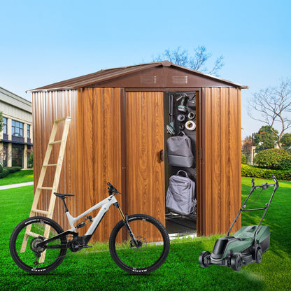 Metal Storage Shed Appealing Horizontal Siding In Woodgrain With Coffee Trim To Complement - Light Brown