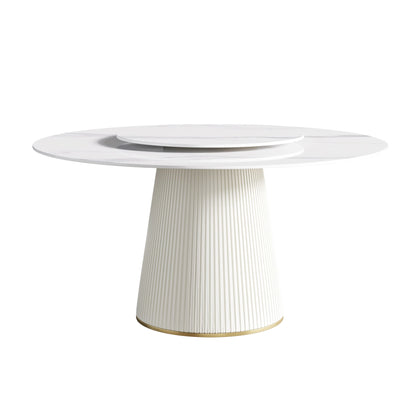 Modern Artificial Stone Round Plywood PU Base Dining Table, Can Accommodate 8 People, Artificial Stone Turntable (Not Including Chairs) - White / Beige