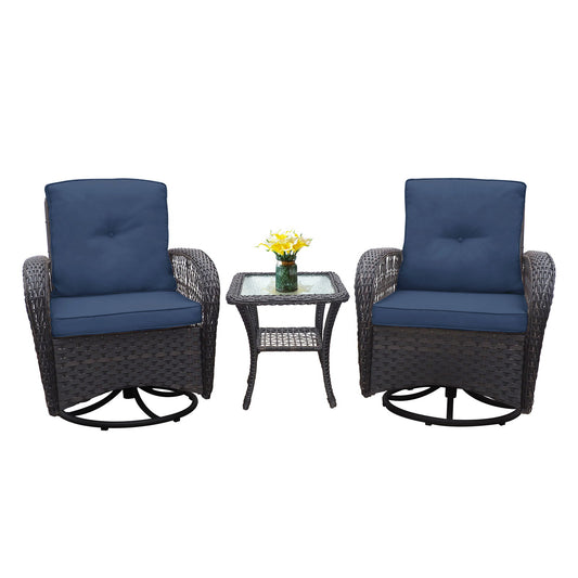 3 Pieces Conversation Set, Outdoor Wicker Rocker Swivel Patio Bistro Set, Rocking Chair With Glass Top Side Table